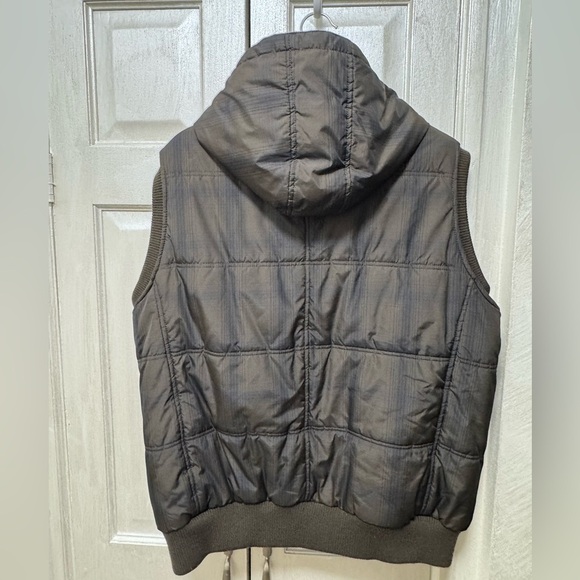 Vintage Structure Men’s Large Brown Nylon Puffer Vest Plaid Hooded Zip Pockets - Picture 2 of 11